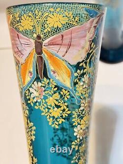 Mont Joye Legras Art Glass Vase Heavy blue Gold Enamel Butterflies Floral 12