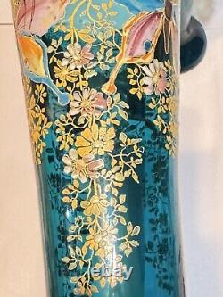 Mont Joye Legras Art Glass Vase Heavy blue Gold Enamel Butterflies Floral 12