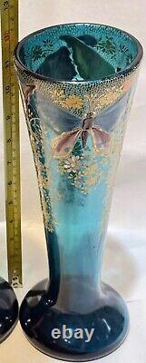 Mont Joye Legras Art Glass Vase Heavy blue Gold Enamel Butterflies Floral 12