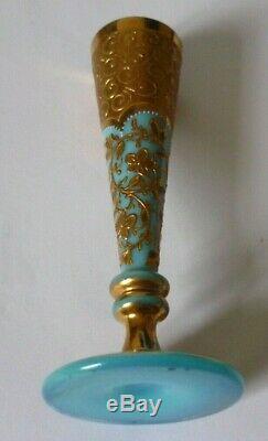 Moser 1870's Pair Of Miniature Gilt Enamelled Turquoise Opaline Glass Bud Vases
