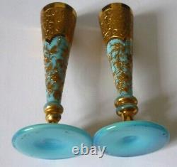 Moser 1870's Pair Of Small Gilt Enamel Turquoise Opaline Glass Bud Spill Vases
