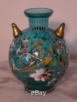 Moser 5 1/5 Blue Enamel Decorated posy Vase with Two Pointed Side Appendages