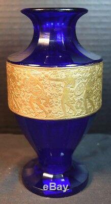 Moser Art Deco Cobalt Blue Glass, Gold Frieze Vase