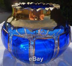 Moser Cobalt Blue Gold Cabochon Art Glass Bowl Vase Vintage Czech Bohemian
