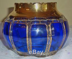 Moser Cobalt Blue Gold Cabochon Art Glass Bowl Vase Vintage Czech Bohemian