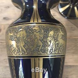Moser Cobalt Blue Gold Gilded Warriors Karlsbad Bohemia Glass Vase Set Pair of 2