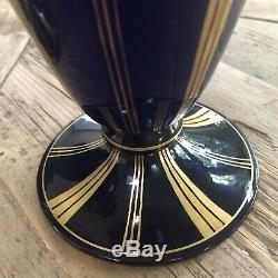 Moser Cobalt Blue Gold Gilded Warriors Karlsbad Bohemia Glass Vase Set Pair of 2
