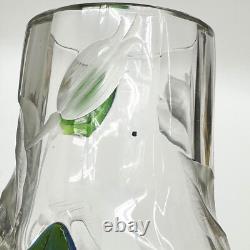 Moser Marquetry and Intaglio Art Glass Vase Blue Green Florals