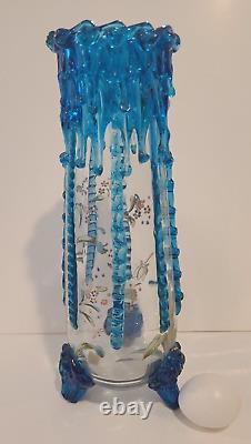 Moser Style Vase Large Applied glass flowers butterfly