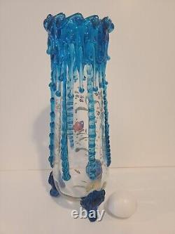 Moser Style Vase Large Applied glass flowers butterfly