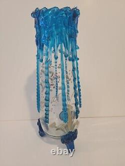 Moser Style Vase Large Applied glass flowers butterfly