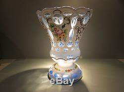 Moser Vase Bohemian White Cut to Blue Overlay Czech Glass Haida Novy Bor Bohemia