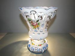 Moser Vase Bohemian White Cut to Blue Overlay Czech Glass Haida Novy Bor Bohemia