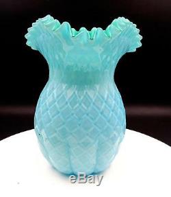 Mt Washington Art Glass Cased Raised Diamond Quilted Teal Large 9 1/4 Vase