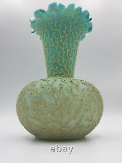 Mt Washington Cased Blue Satin Uranium Glass Coralene Seaweed 8 Vase 1885-1890