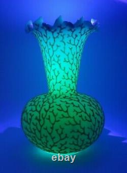 Mt Washington Cased Blue Satin Uranium Glass Coralene Seaweed 8 Vase 1885-1890