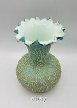 Mt Washington Cased Blue Satin Uranium Glass Coralene Seaweed 8 Vase 1885-1890