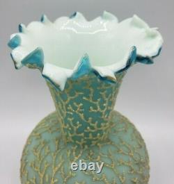 Mt Washington Cased Blue Satin Uranium Glass Coralene Seaweed 8 Vase 1885-1890