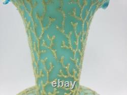 Mt Washington Cased Blue Satin Uranium Glass Coralene Seaweed 8 Vase 1885-1890