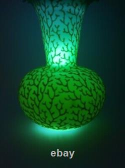 Mt Washington Cased Blue Satin Uranium Glass Coralene Seaweed 8 Vase 1885-1890