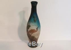 Muller Freres Blue Shaded Etched and Enamel Stork Vase C 1930