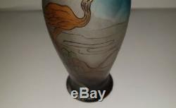 Muller Freres Blue Shaded Etched and Enamel Stork Vase C 1930