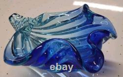 Murano Alfredo Barbini MID Century Art Glass Seashell Bowl Vase Blue Hand Blown