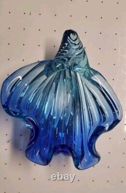 Murano Alfredo Barbini MID Century Art Glass Seashell Bowl Vase Blue Hand Blown