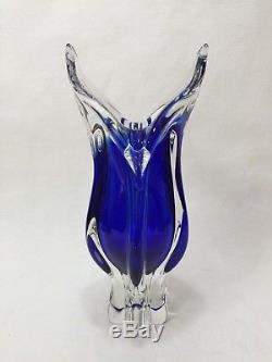 Murano Art Glass Cobalt Blue & Clear Vase, 11 1/4 Tall x 5 Widest, 4 Lbs