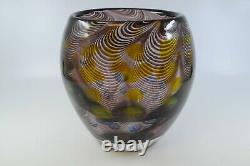 Murano Art Glass Hand Blown purple Feathering/Swirls Yellow & Blue Spots Vase