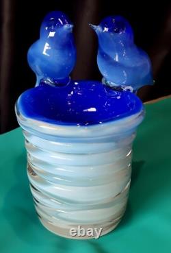 Murano Art Glass Italy Blue Birds Vase Outer Glass Coil Wrap 10 lb Unmarked VTG