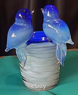 Murano Art Glass Italy Blue Birds Vase Outer Glass Coil Wrap 10 lb Unmarked VTG