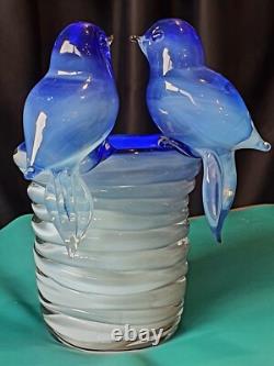 Murano Art Glass Italy Blue Birds Vase Outer Glass Coil Wrap 10 lb Unmarked VTG