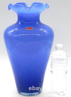 Murano Art Glass Large Ruffled Blue 14 Tall Vase Made In Italy SPECTACULAR