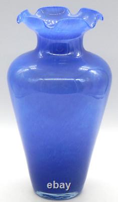 Murano Art Glass Large Ruffled Blue 14 Tall Vase Made In Italy SPECTACULAR