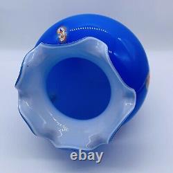 Murano Art Glass Millefiori Hand Blown Cobalt Blue Scalloped Cased Vase 10T 6W