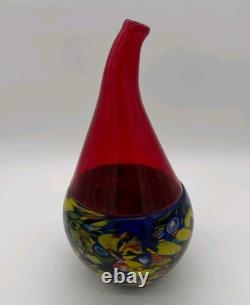 Murano Art Glass Vase Clear Red + Solid Blue With Murine Inlay
