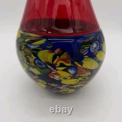 Murano Art Glass Vase Clear Red + Solid Blue With Murine Inlay