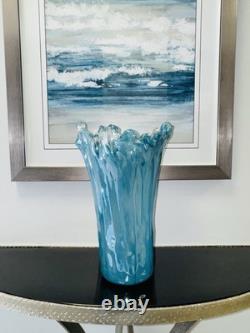 Murano Art Glass Vase Ruffled Teal Blue 13 Tall Italy