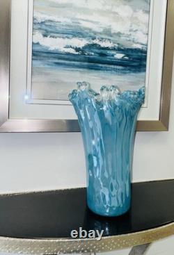 Murano Art Glass Vase Ruffled Teal Blue 13 Tall Italy