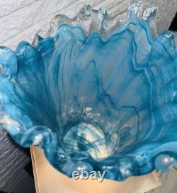 Murano Art Glass Vase Ruffled Teal Blue 13 Tall Italy