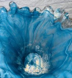 Murano Art Glass Vase Ruffled Teal Blue 13 Tall Italy