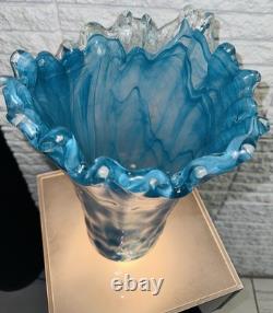 Murano Art Glass Vase Ruffled Teal Blue 13 Tall Italy