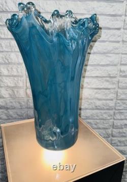 Murano Art Glass Vase Ruffled Teal Blue 13 Tall Italy