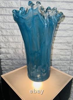 Murano Art Glass Vase Ruffled Teal Blue 13 Tall Italy