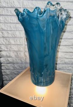 Murano Art Glass Vase Ruffled Teal Blue 13 Tall Italy