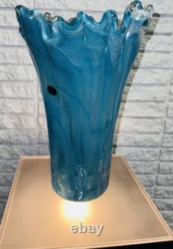 Murano Art Glass Vase Ruffled Teal Blue 13 Tall Italy