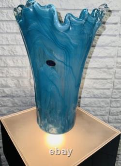 Murano Art Glass Vase Ruffled Teal Blue 13 Tall Italy