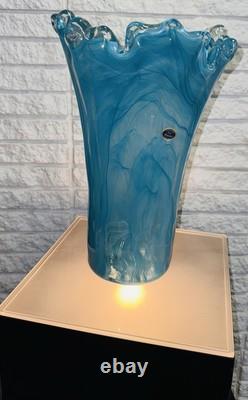 Murano Art Glass Vase Ruffled Teal Blue 13 Tall Italy