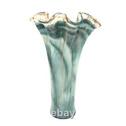 Murano Art Glass Vase Ruffled Top Blue Bronze Glitter 15-16 Tall NWT